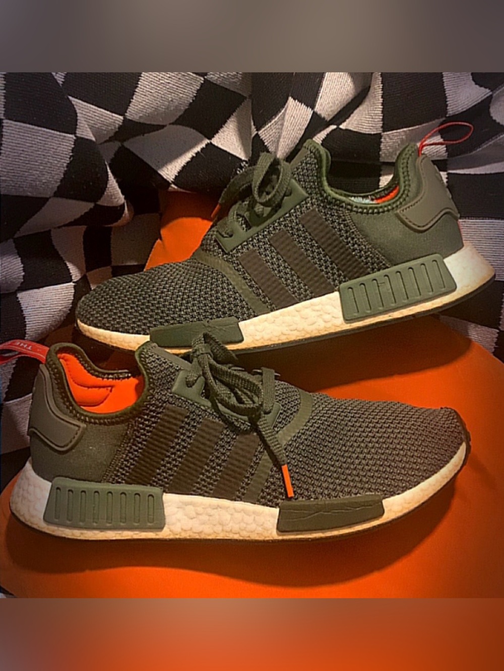 Adidas NMD_R1 Olive Green Orange Boost Sneakers Men’s Size 11 B37620